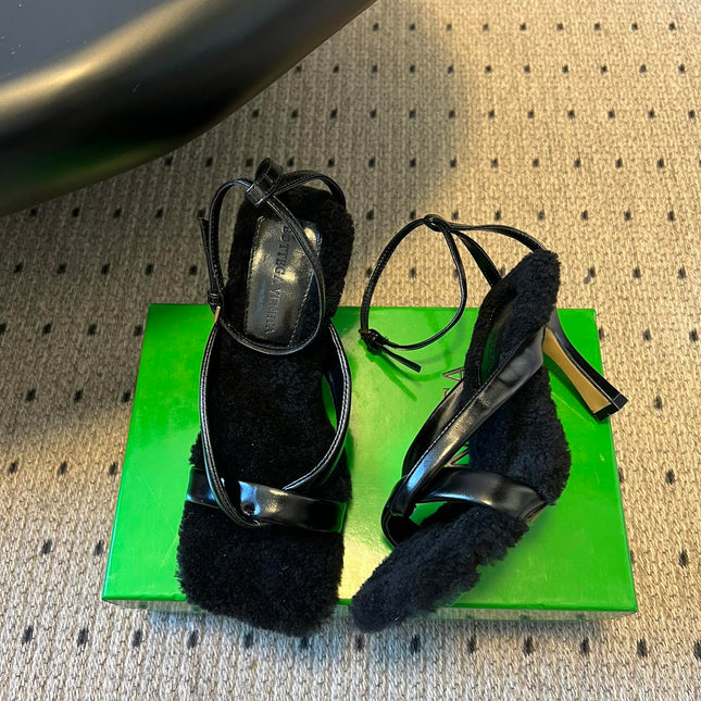 BOTTEGA VENETA 26S SQUARE-TOE HIGH-HEEL SANDALS 90 MM IN BLACK LAMBSKIN AND WOOL