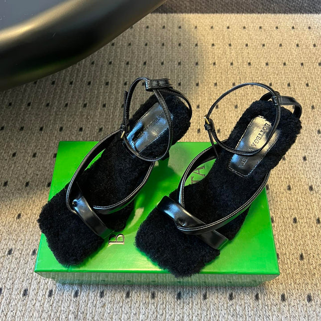 BOTTEGA VENETA 26S SQUARE-TOE HIGH-HEEL SANDALS 90 MM IN BLACK LAMBSKIN AND WOOL