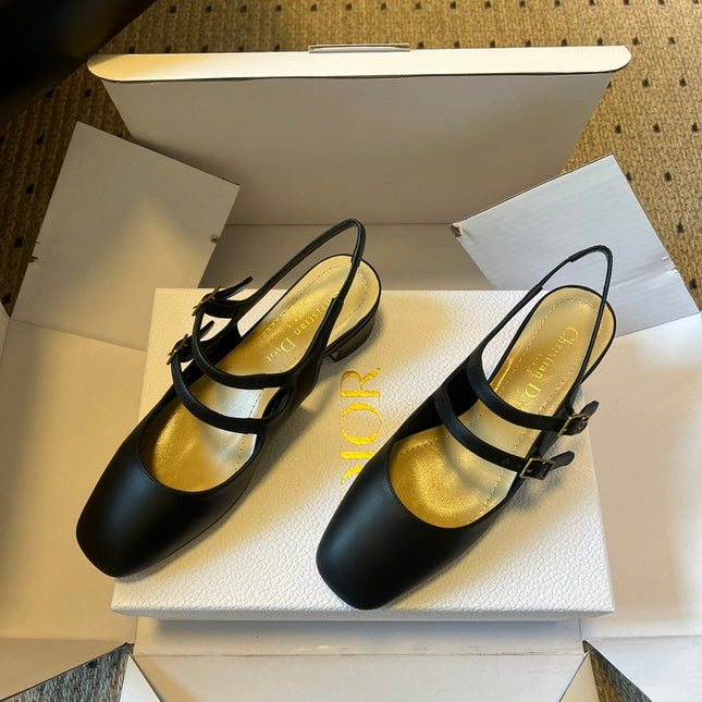 DIOR 26S CHERIE SLINGBACK PUMP 45MM IN BLACK CALFSKIN GOLD HARDWARE