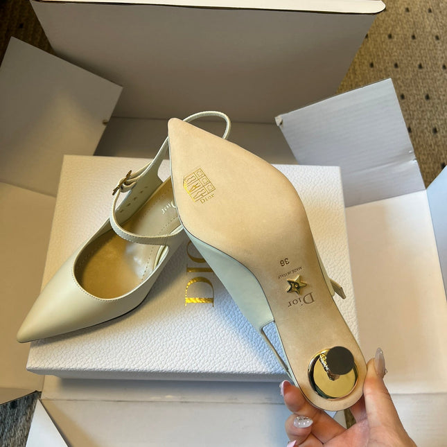 DIOR 26S SLINGBACK PUMP 90MM IN CREAM WHITE CALFSKIN GOLD HARDWARE