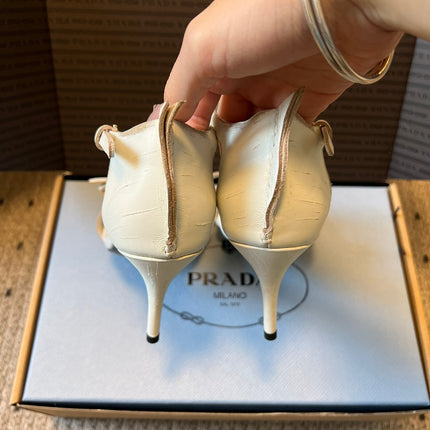 PRADA 26S POINTED-TOE STRAPPY HIGH-HEEL SANDALS 80MM IN WHITE CALFSKIN