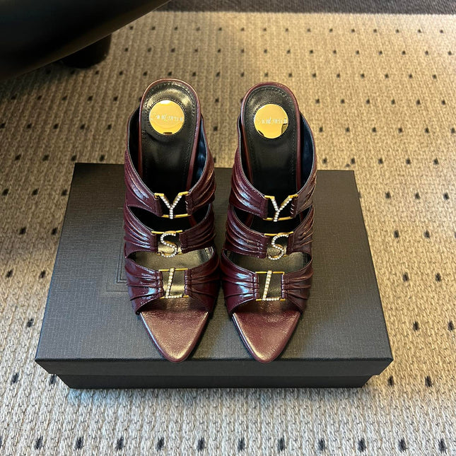 YSL 26S HEELED SANDALS 100 MM IN DARK BROWN LAMBSKIN