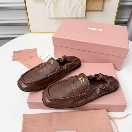 MIUMIU 26S RUCHES LOAFERS IN DARK BROWN LAMBSKIN