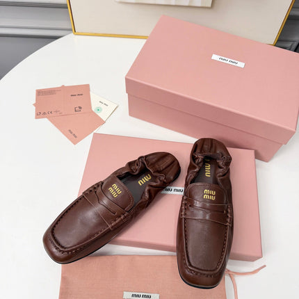 MIUMIU 26S RUCHES LOAFERS IN DARK BROWN LAMBSKIN