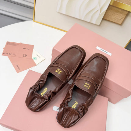 MIUMIU 26S RUCHES LOAFERS IN DARK BROWN LAMBSKIN