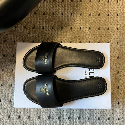 CELINE 26S FLAT SLIDES IN BLACK LAMBSKIN