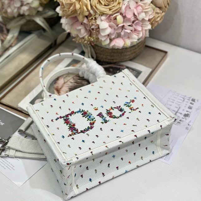 DIOR 26S BOOK TOTE BAG 36 IN MULTICOLOR MICRO FLORAL BAYADERE FABRIC