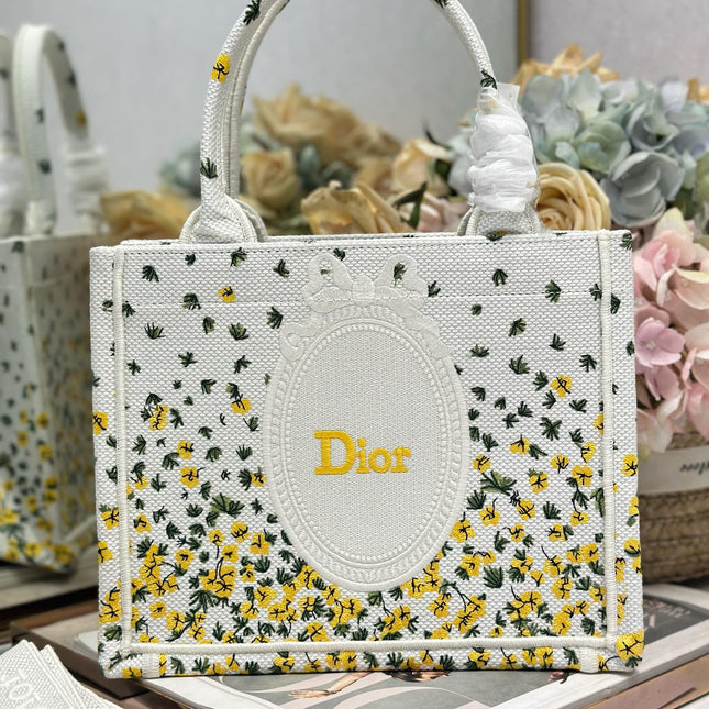 DIOR 26S BOOK TOTE BAG 26 IN WHITE FLORAL EMBROIDERY BAYADERE FABRIC