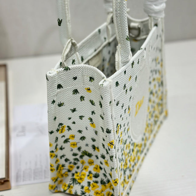 DIOR 26S BOOK TOTE BAG 26 IN WHITE FLORAL EMBROIDERY BAYADERE FABRIC