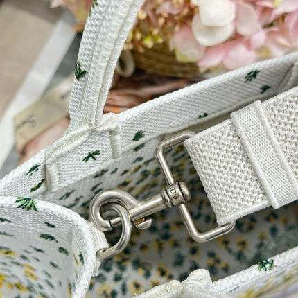 DIOR 26S BOOK TOTE BAG 26 IN WHITE FLORAL EMBROIDERY BAYADERE FABRIC