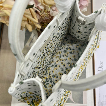 DIOR 26S BOOK TOTE BAG 26 IN WHITE FLORAL EMBROIDERY BAYADERE FABRIC