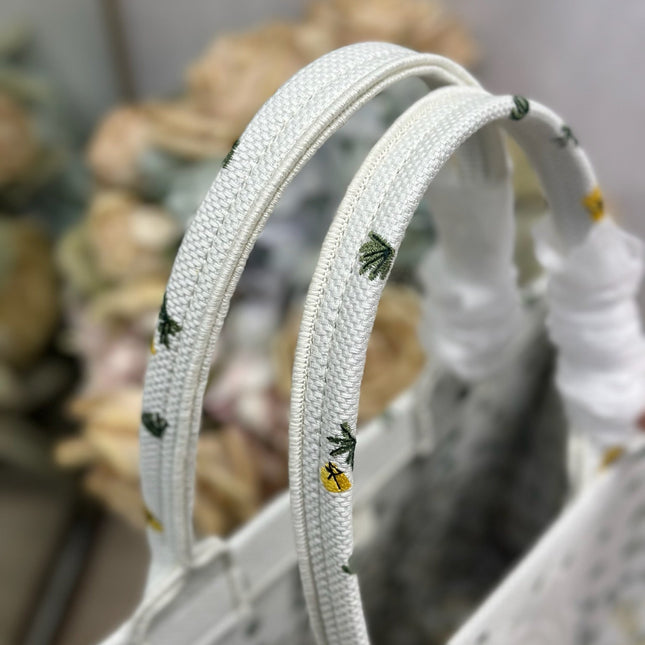 DIOR 26S BOOK TOTE BAG 36 IN WHITE FLORAL EMBROIDERY BAYADERE FABRIC