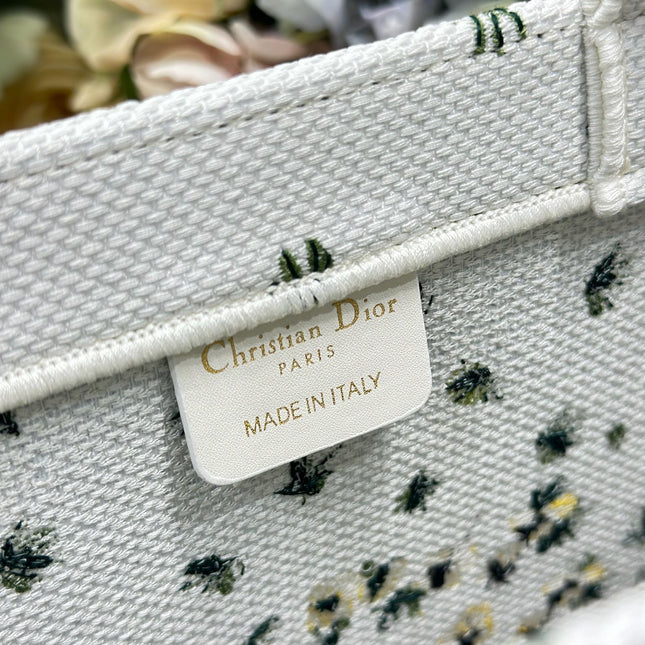 DIOR 26S BOOK TOTE BAG 36 IN WHITE FLORAL EMBROIDERY BAYADERE FABRIC