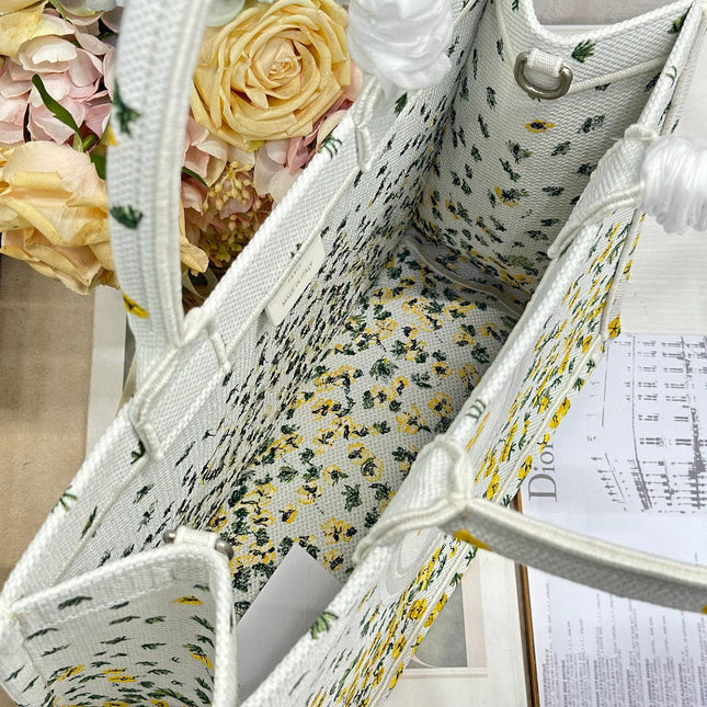 DIOR 26S BOOK TOTE BAG 36 IN WHITE FLORAL EMBROIDERY BAYADERE FABRIC