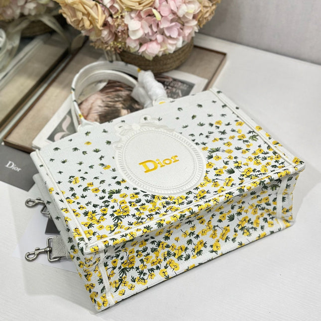 DIOR 26S BOOK TOTE BAG 36 IN WHITE FLORAL EMBROIDERY BAYADERE FABRIC