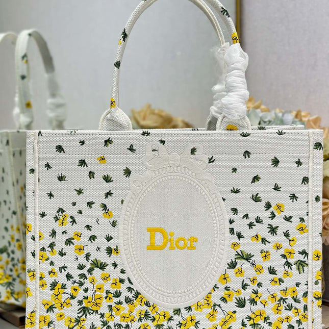 DIOR 26S BOOK TOTE BAG 36 IN WHITE FLORAL EMBROIDERY BAYADERE FABRIC