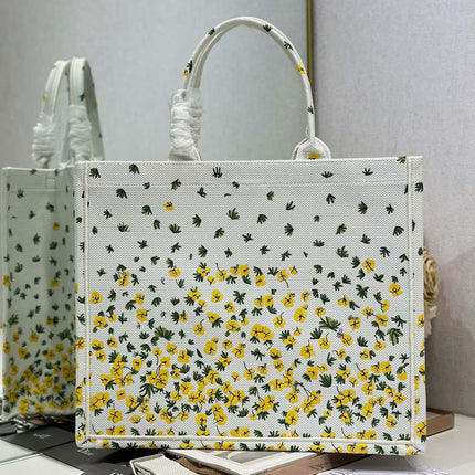 DIOR 26S BOOK TOTE BAG 42 IN WHITE FLORAL EMBROIDERY BAYADERE FABRIC