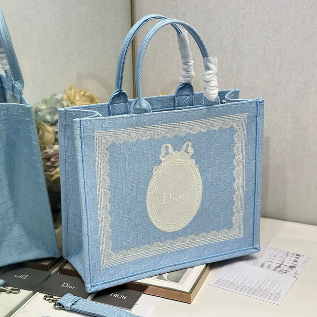 DIOR 26S BOOK TOTE BAG 42 IN BLUE AND WHITE LACE BAYADERE FABRIC