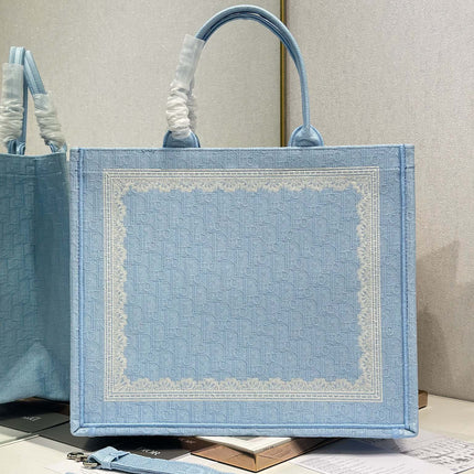DIOR 26S BOOK TOTE BAG 42 IN BLUE AND WHITE LACE BAYADERE FABRIC