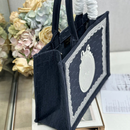 DIOR 26S BOOK TOTE BAG 36 IN BLACK AND WHITE LACE BAYADERE FABRIC