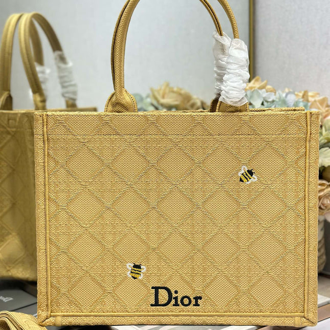 DIOR 26S BOOK TOTE BAG 36 IN BEIGE BAYADERE FABRIC D-STRIPES EMBROIDERY