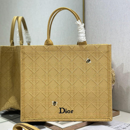 DIOR 26S BOOK TOTE BAG 42 IN BEIGE BAYADERE FABRIC D-STRIPES EMBROIDERY