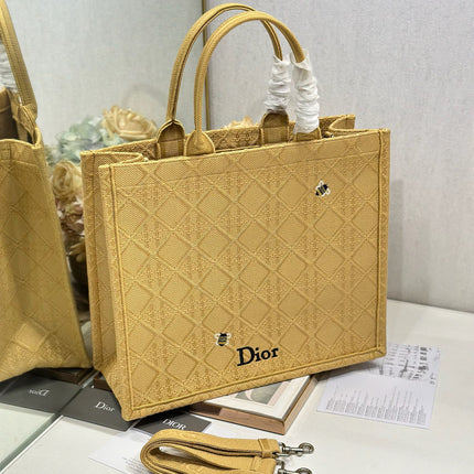 DIOR 26S BOOK TOTE BAG 42 IN BEIGE BAYADERE FABRIC D-STRIPES EMBROIDERY