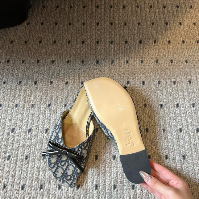 DIOR 26S OBLIQUE BOW MULE IN NAVY BLUE JACQUARD CANVAS