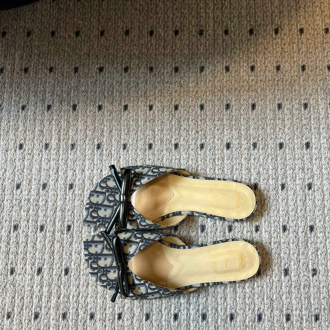 DIOR 26S OBLIQUE BOW MULE IN NAVY BLUE JACQUARD CANVAS