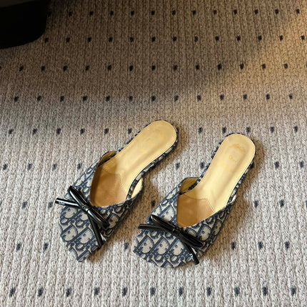 DIOR 26S OBLIQUE BOW MULE IN NAVY BLUE JACQUARD CANVAS
