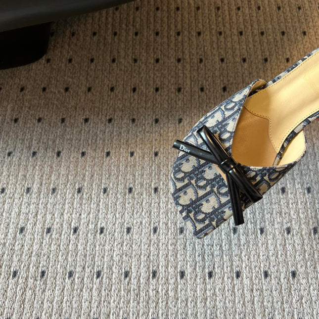 DIOR 26S OBLIQUE BOW MULE IN NAVY BLUE JACQUARD CANVAS