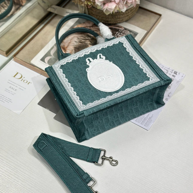 DIOR 26S BOOK TOTE BAG 26 IN TEAL GREEN AND WHITE BAYADERE FABRIC