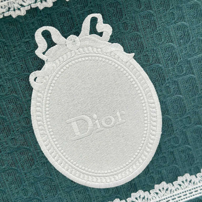 DIOR 26S BOOK TOTE BAG 36 IN TEAL GREEN AND WHITE BAYADERE FABRIC