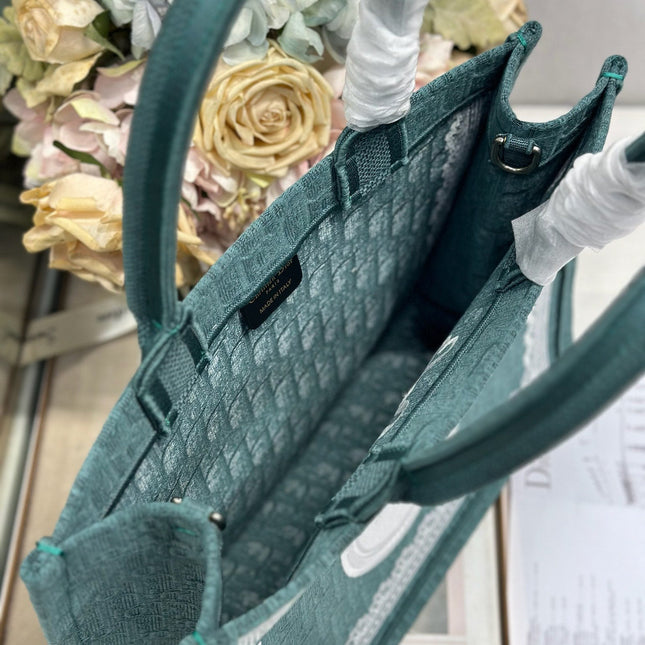 DIOR 26S BOOK TOTE BAG 36 IN TEAL GREEN AND WHITE BAYADERE FABRIC