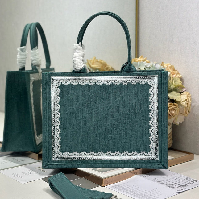 DIOR 26S BOOK TOTE BAG 36 IN TEAL GREEN AND WHITE BAYADERE FABRIC
