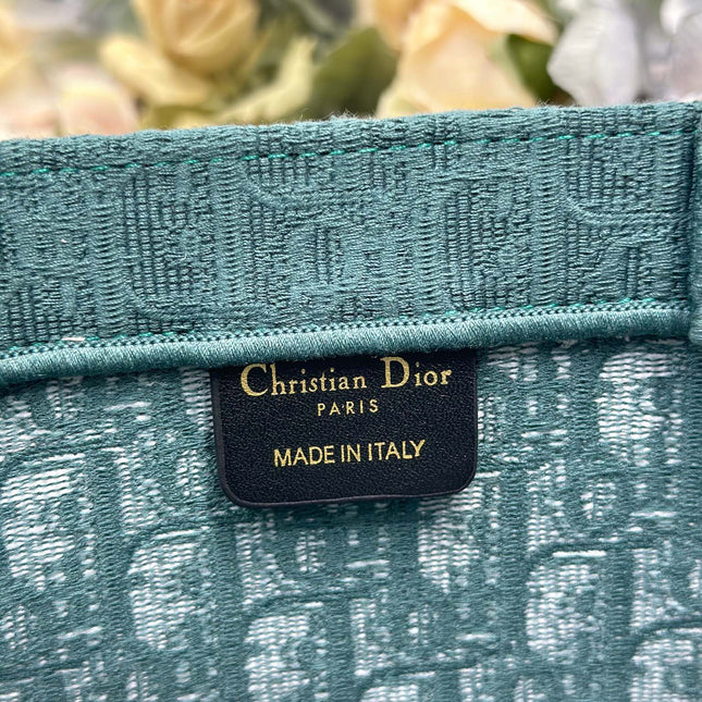 DIOR 26S BOOK TOTE BAG 36 IN TEAL GREEN AND WHITE BAYADERE FABRIC