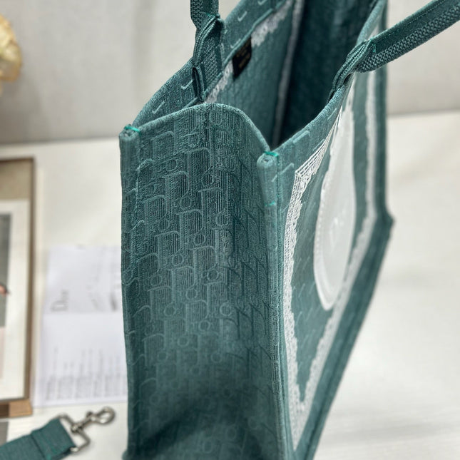 DIOR 26S BOOK TOTE BAG 42 IN TEAL GREEN AND WHITE BAYADERE FABRIC