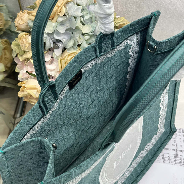 DIOR 26S BOOK TOTE BAG 42 IN TEAL GREEN AND WHITE BAYADERE FABRIC