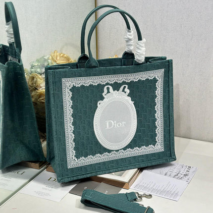 DIOR 26S BOOK TOTE BAG 42 IN TEAL GREEN AND WHITE BAYADERE FABRIC
