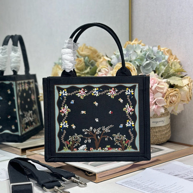 DIOR 26S BOOK TOTE BAG 26 IN BLACK PATTERNED BAYADERE FABRIC