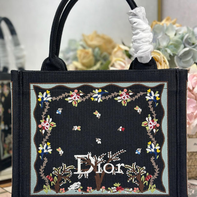 DIOR 26S BOOK TOTE BAG 26 IN BLACK PATTERNED BAYADERE FABRIC
