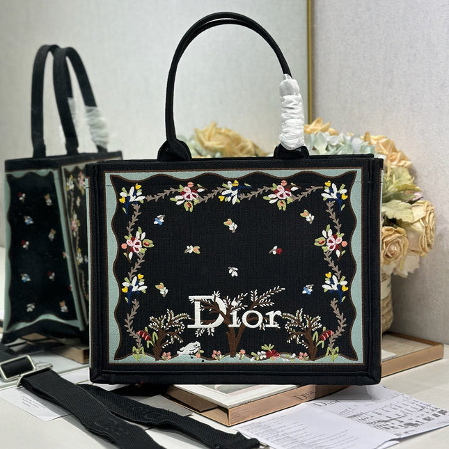 DIOR 26S BOOK TOTE BAG 36 IN BLACK PATTERNED BAYADERE FABRIC