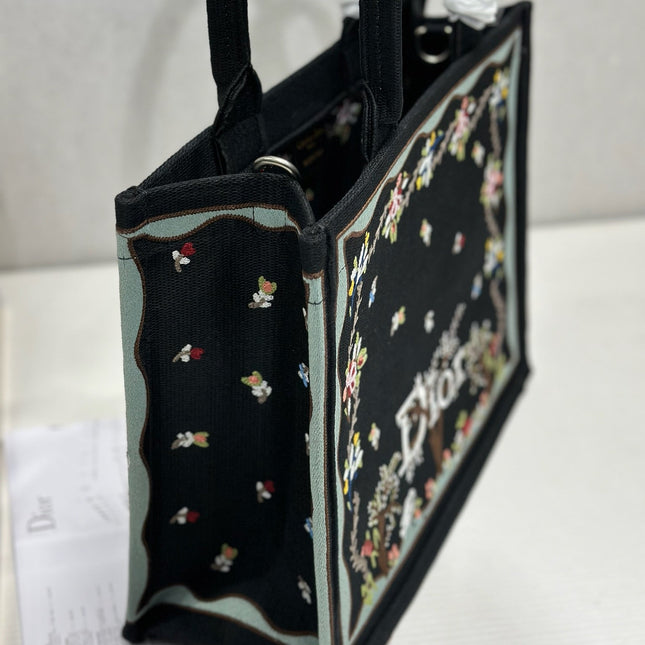 DIOR 26S BOOK TOTE BAG 36 IN BLACK PATTERNED BAYADERE FABRIC