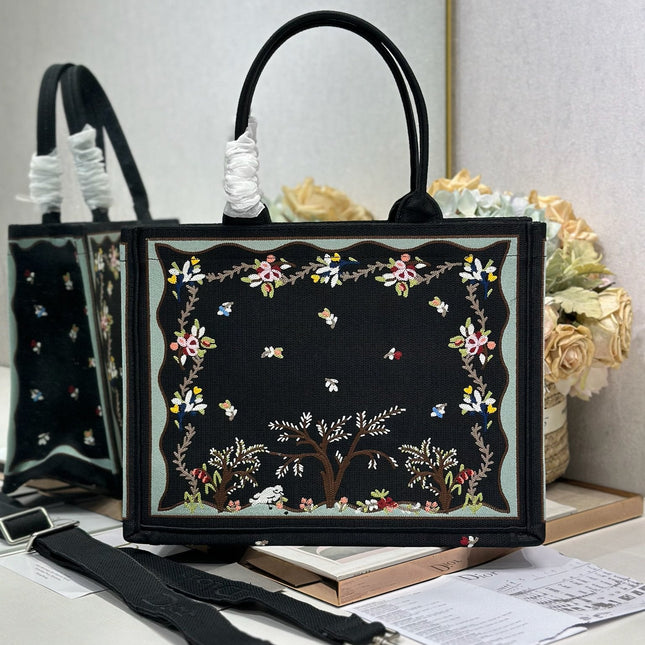 DIOR 26S BOOK TOTE BAG 36 IN BLACK PATTERNED BAYADERE FABRIC