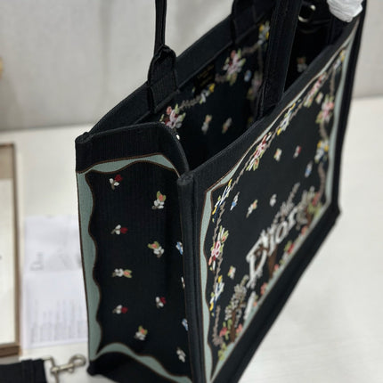 DIOR 26S BOOK TOTE BAG 42 IN BLACK PATTERNED BAYADERE FABRIC