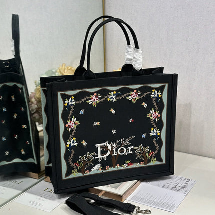 DIOR 26S BOOK TOTE BAG 42 IN BLACK PATTERNED BAYADERE FABRIC