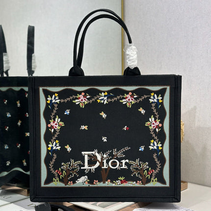 DIOR 26S BOOK TOTE BAG 42 IN BLACK PATTERNED BAYADERE FABRIC