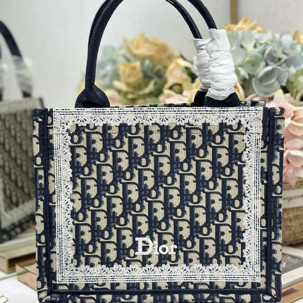 DIOR 26S BOOK TOTE BAG 26 IN NAVY BLUE AND BEIGE OBLIQUE FABRIC