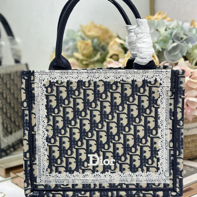 DIOR 26S BOOK TOTE BAG 26 IN NAVY BLUE AND BEIGE OBLIQUE FABRIC