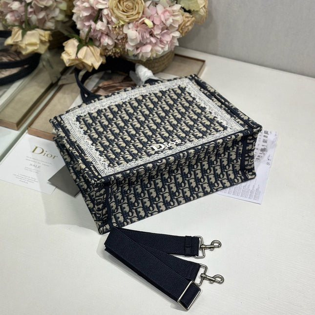 DIOR 26S BOOK TOTE BAG 36 IN NAVY BLUE AND BEIGE OBLIQUE FABRIC